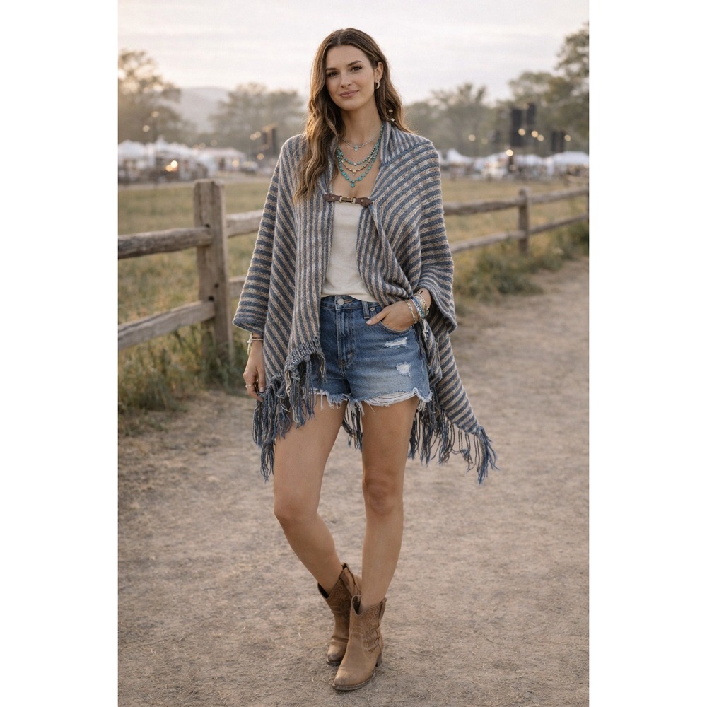 Boho Western Festival Cozy Soft‎ Blue Tan Striped Hooded Poncho Fringe One Size